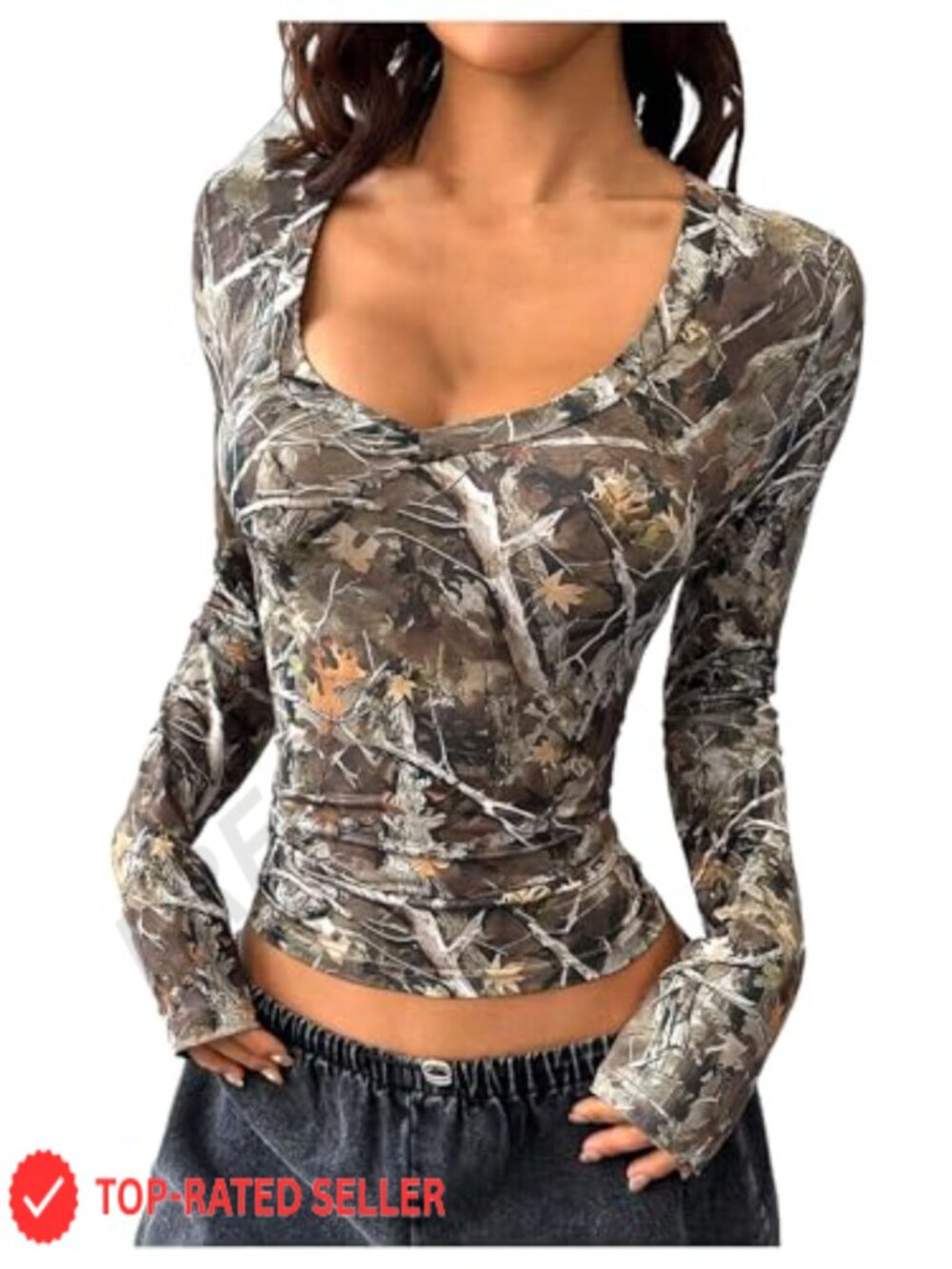Women's Camo V Neck Long Sleeve Slim Fit Crop Tee Top